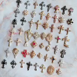 10pcs/lot Luxury Pink Cross Crucifix Flower Nail Art Parts Zircon Crystal Manicure Nails Accesorios Supplies Decorations Charms