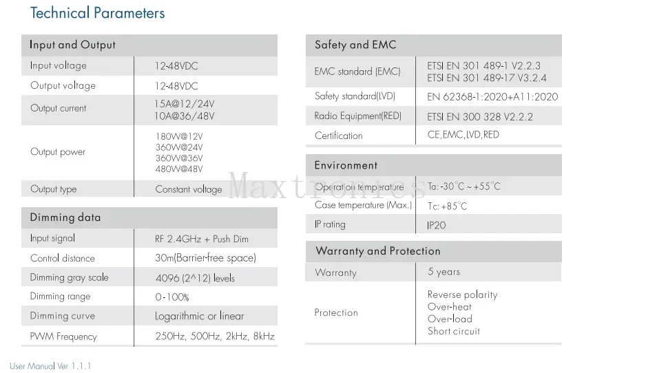V1-L/P 2.4G RF Push-Dim PWM 250HZ/500HZ/2KHZ/8KHZ لشريط إضاءة LED أحادي اللون 1CH * 15A 12V-48V DC24V 36V CV Controller،