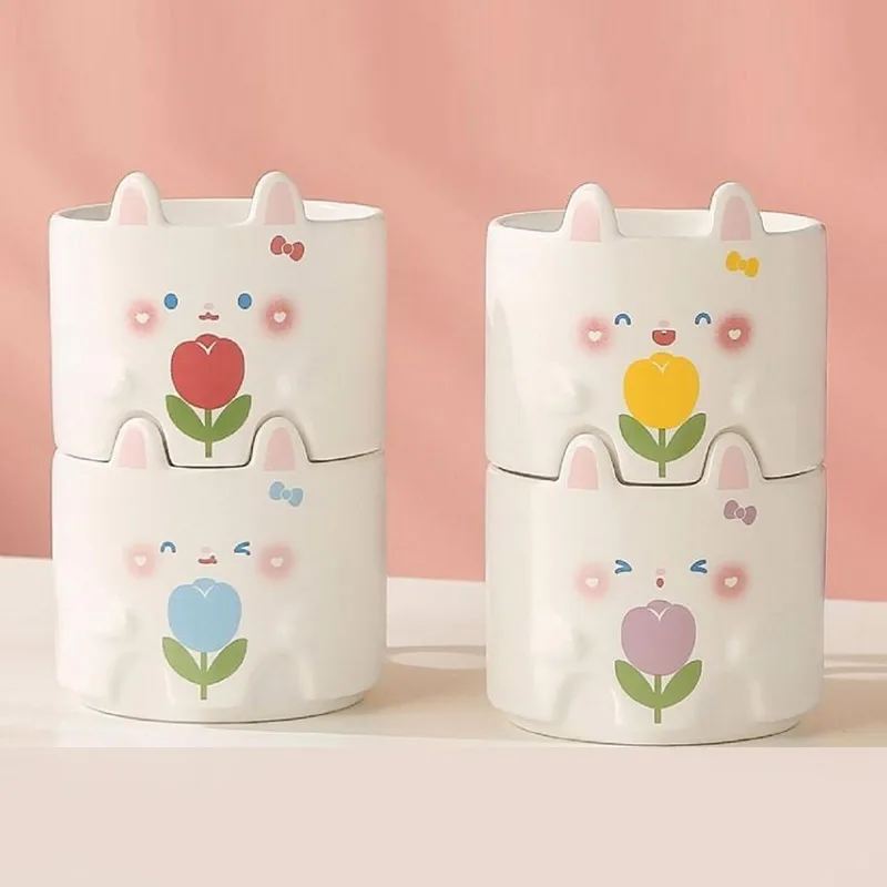 320ML Cute Cat Ear Cup Cartoon Ceramic Mug Household Water Cup Creativity Stacking Cup Office Girl Good Looks with Flower Handle