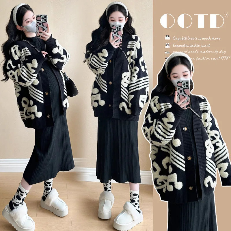 

Korean Style Casual Maternity Sweater Note Knitted Jackets Long Sleeve Plus Size Pregnant Woman Coats Loose Casual Cardigans