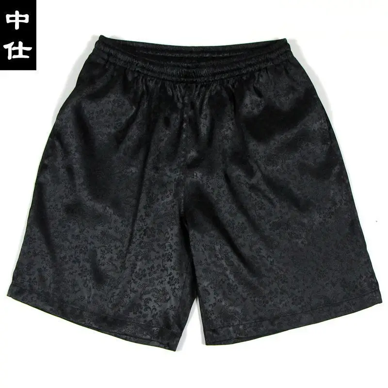 Chinese Floral Print Satin Men's Running Shorts Outdoor Fitness Plus Size Sports Casual Bottoms