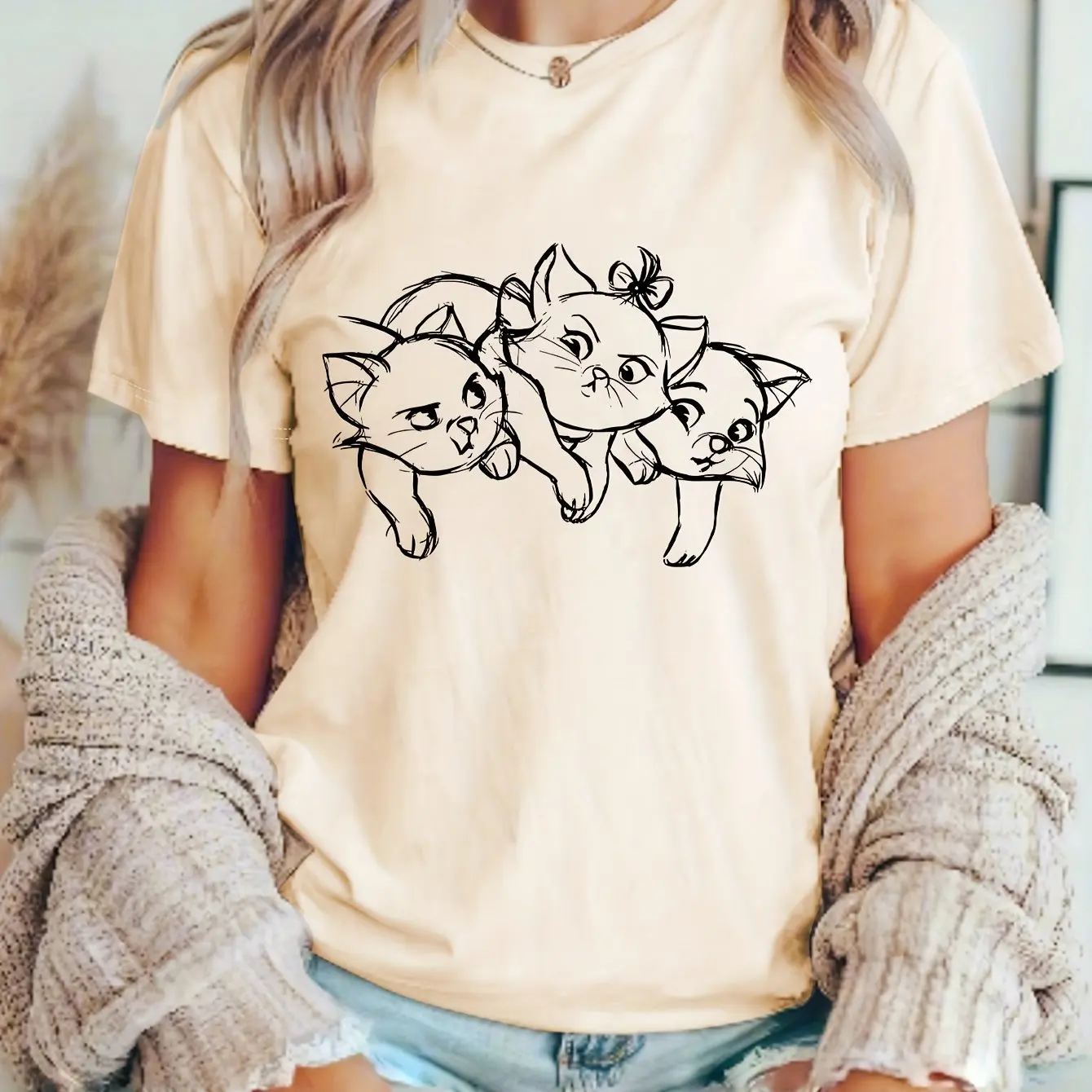 

Disney Marie Cat Girl Kids Summer T-Shirt Family Parent-Child Clothing Cartoon Animation Casual Loose Comfort Short Sleeve Women