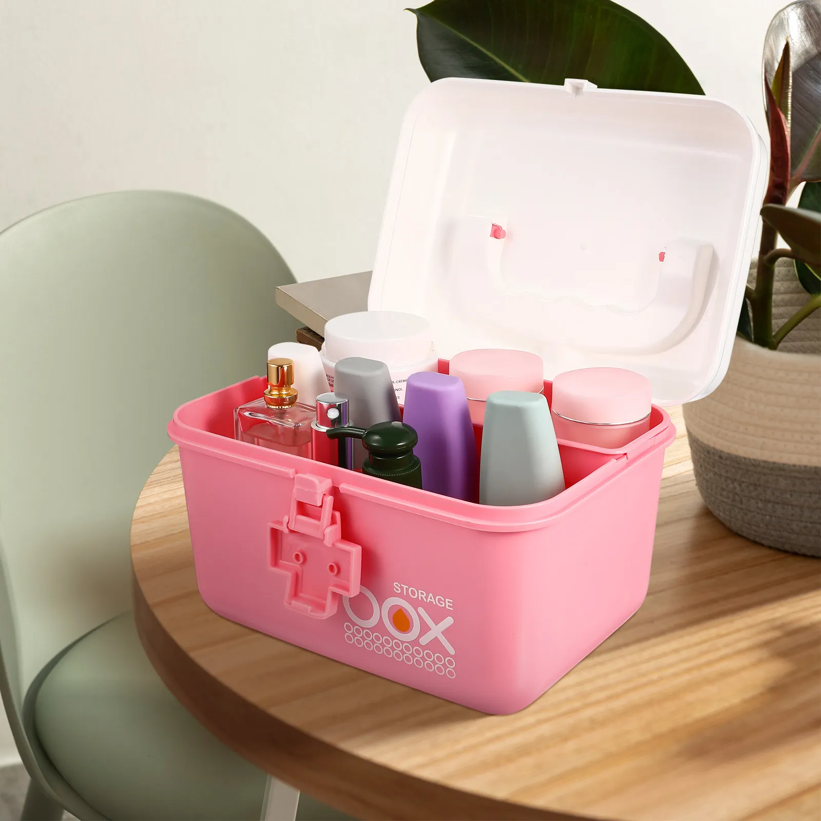 Handheld Storage Box Pink Double Layer Medicine Organizer Portable First Aid Container 21x16.5x15cm Home