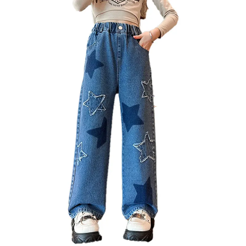 

New Spring Teenager Girls Fashion Jeans Star Pattern Wide Leg Pants Korean Casual Style Children Autumn Dark Blue Long Trousers