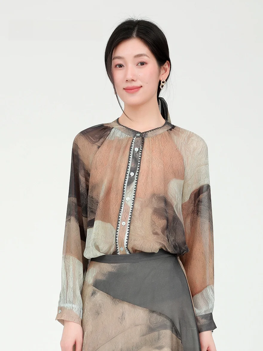 

Artistic Fading Print Chiffon Shirt New Spring 2026 Elegant Open Cardigan Top Women's Fashion Straight Cut Long Sleeve round ...