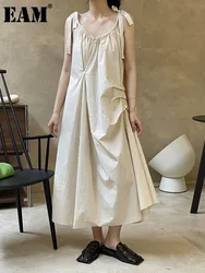 [EAM] Women Khaki Irregular Pleated Long Spaghetti Strap Dress New V-Neck Sleeveless Fashion Tide Spring Summer 2024 1DH6476