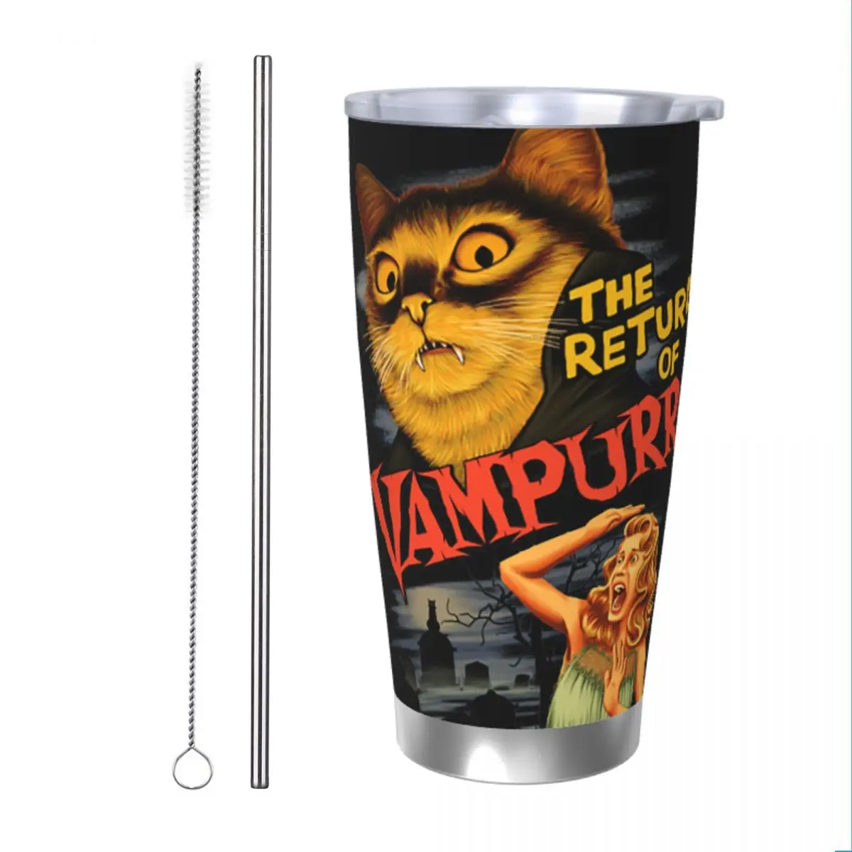 Cat The Return Of Vampurr Insulated Tumbler with Straws Horror Halloween Vacuum Thermal Mug Office Home Car Bottle Cup, 20oz