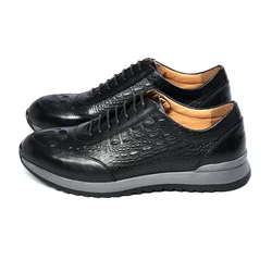 Men's 2024 Genuine Cow Leather Crocodile Pattern Casual Sneakers Lace-Up Flats Classic European Travel Oxford Shoes
