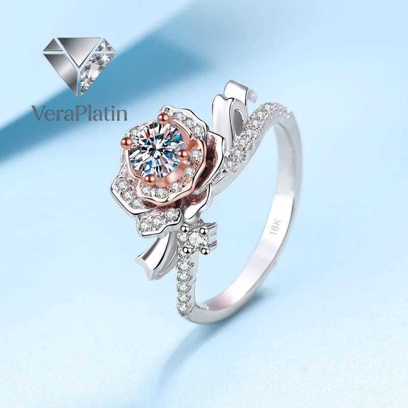 

VeraPlatin Designer Jewelry 18K White Gold Women Style VVS1 D Color 0.5 Carat Moissanite Diamond Rose Pronged Rings to Girlfrien
