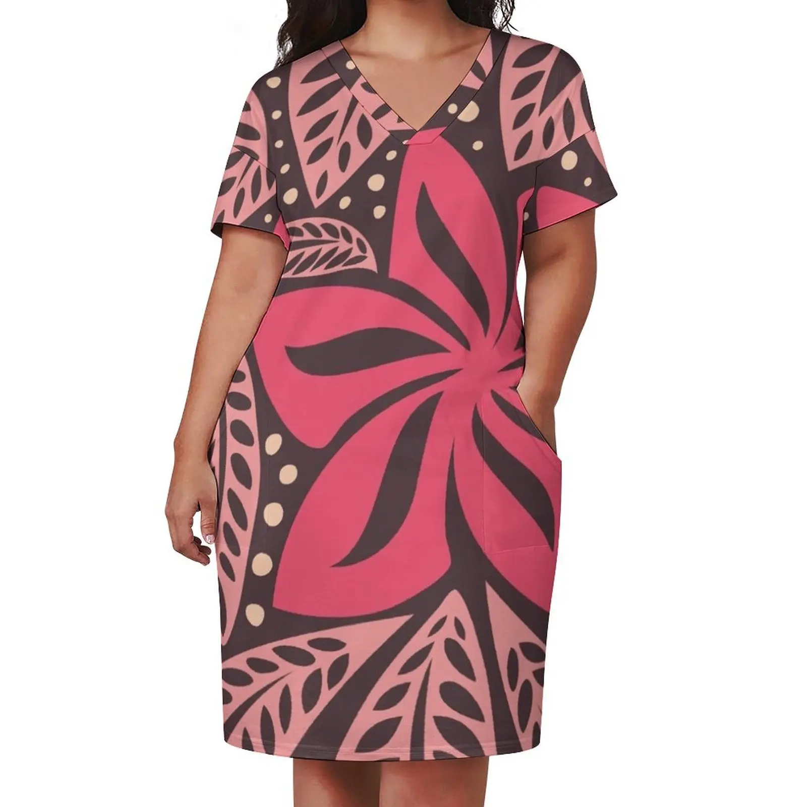 Polynesian Hawaiian big flower pink aubergine floral tattoo design Loose Pocket Dress women dress dresses for official occasions