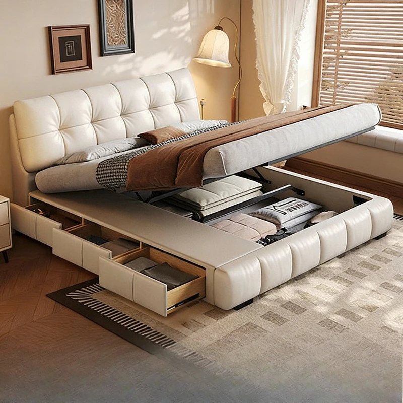 Leather bed master bedroom minimalist high box with drawers storage bed flush edge soft bag wedding bed