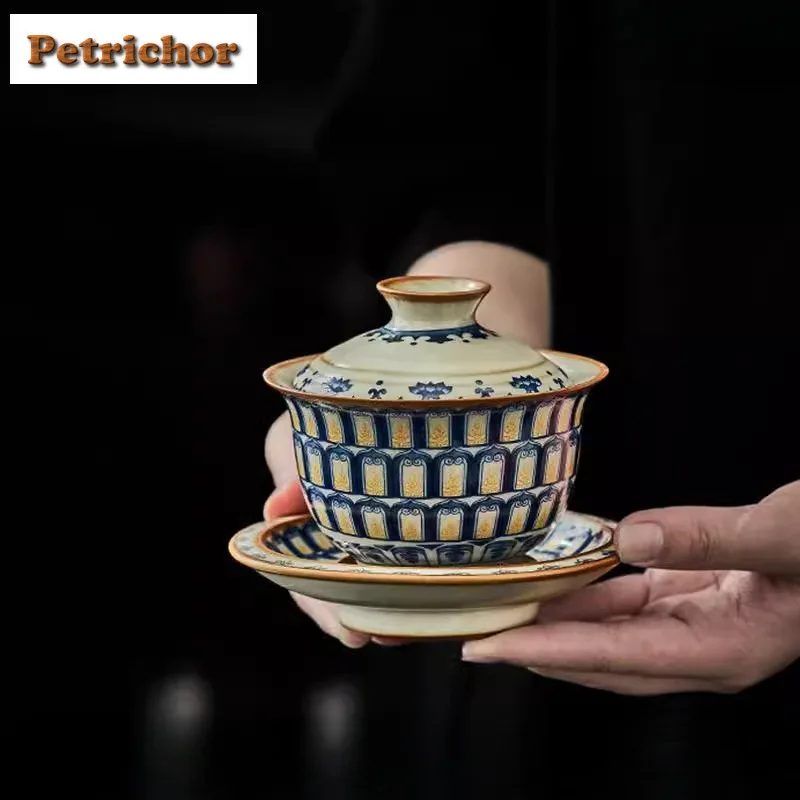 

150ml Ru Kiln Thousand Buddha Gaiwan Zen Tea Tureen Tea Bowl With Lid Kit Tea Maker Cover Bowl Cafes Accessories Ornaments Craft
