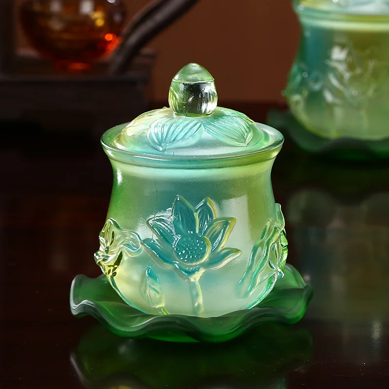 A SET # Asia HOME family Protection Talisman CRYSTAL Worship censer +3P Color Glaze Lotus saintly temple cup Holy water cup