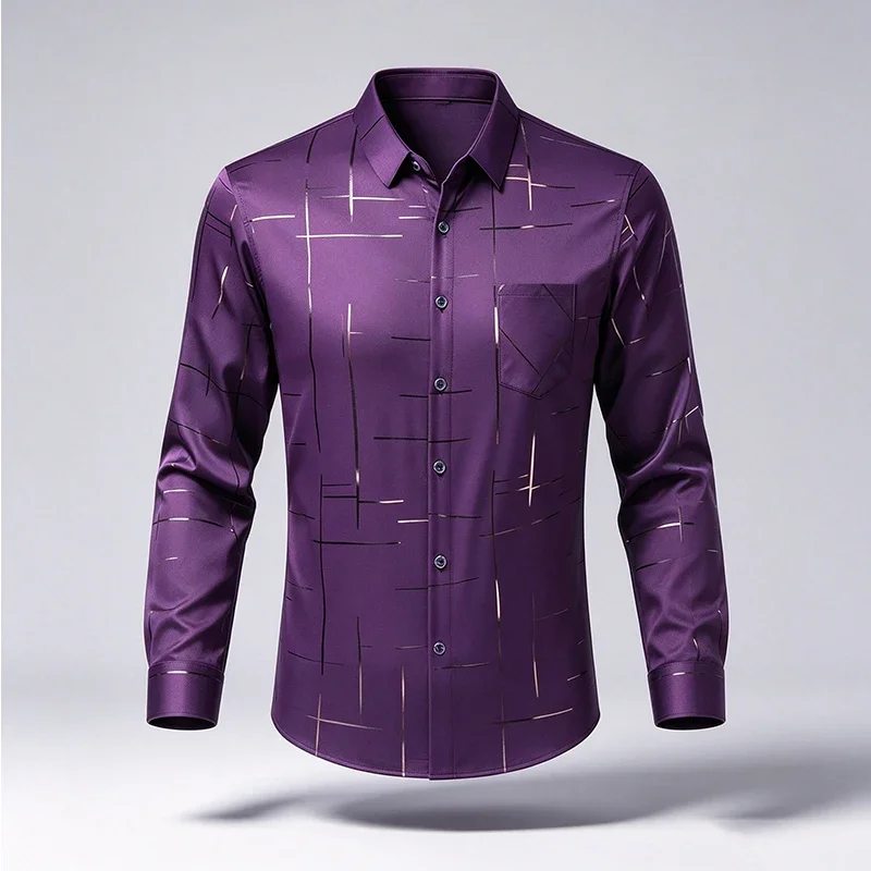 Men Long Sleeve Dress Shirt Lapel Collar Button Up Geometric Line Print Silky Fabric Slim Fit Business Casual Tops