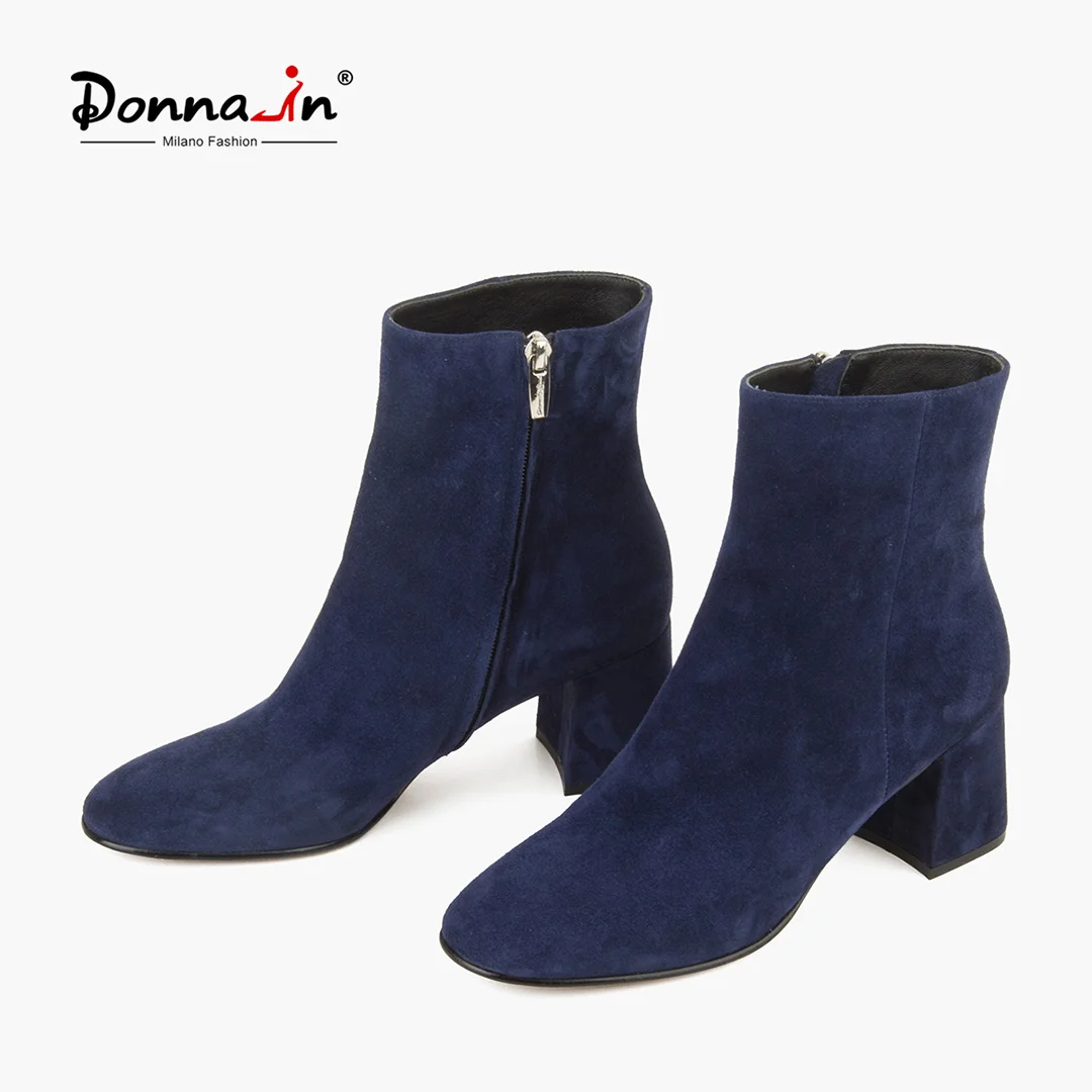 Donna-in Women Suede Leather Ankle Boots Elegant Green Boots Side Zipper Square Block Heel Round Toe Short Boots Large Size 42