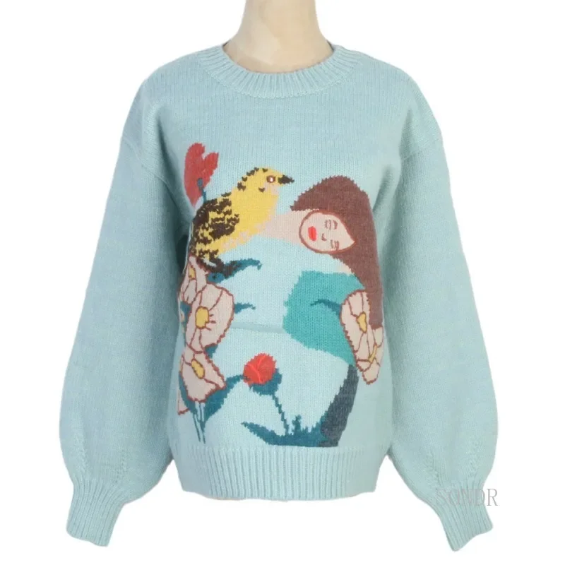 High Fashion Sweater Retro Crew Neck Flower Bird Girl Jacquard Knitted Pullover Sweater Autumn Winter Tops Sueter Mujer Jersey