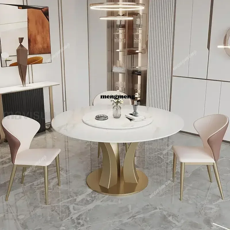 

Универсальный ярко-белый круглый обеденный стол с поворотным столом, современный минималистичный итальянский светлый роскошный высококачественный мраморный камень