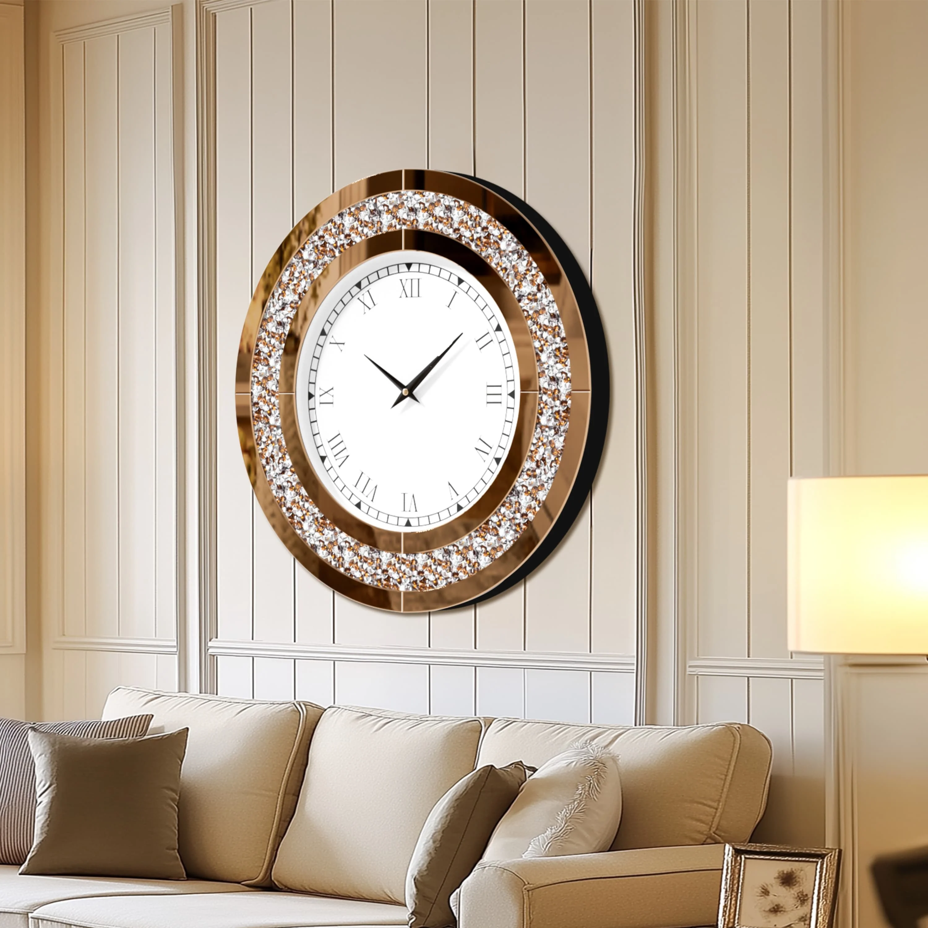 Large Wall Clock Silver Tawny Tinted Crushed Diamond Inlay Clock 80CM Round Decorative Mirrored Clock