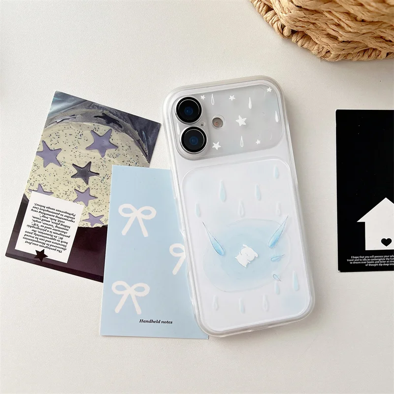 

Kawaii Clear Raindrop Print Phone Case with Cute Animal Silhouette for iPhone 15 16 17 Pro Max Shockproof Protective Cover