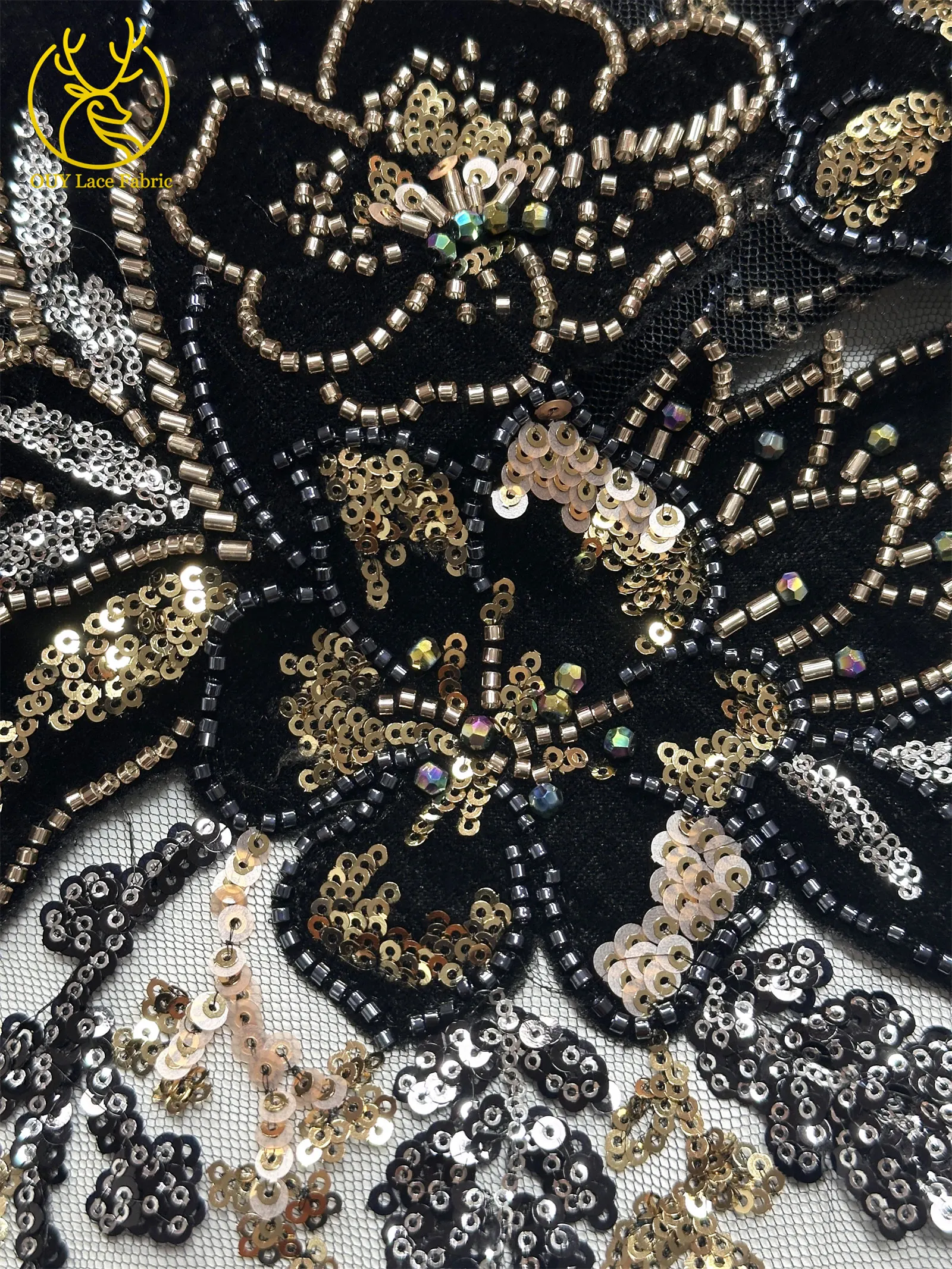 Nigerianischer Luxus-Samtstoff mit Perlen und Spitze 2026 – Hochwertiger afrikanischer Pailletten-Französischer Mesh-Stoff für Damen-Hochzeits- und Partykleider zum Nähen – Detail 20
