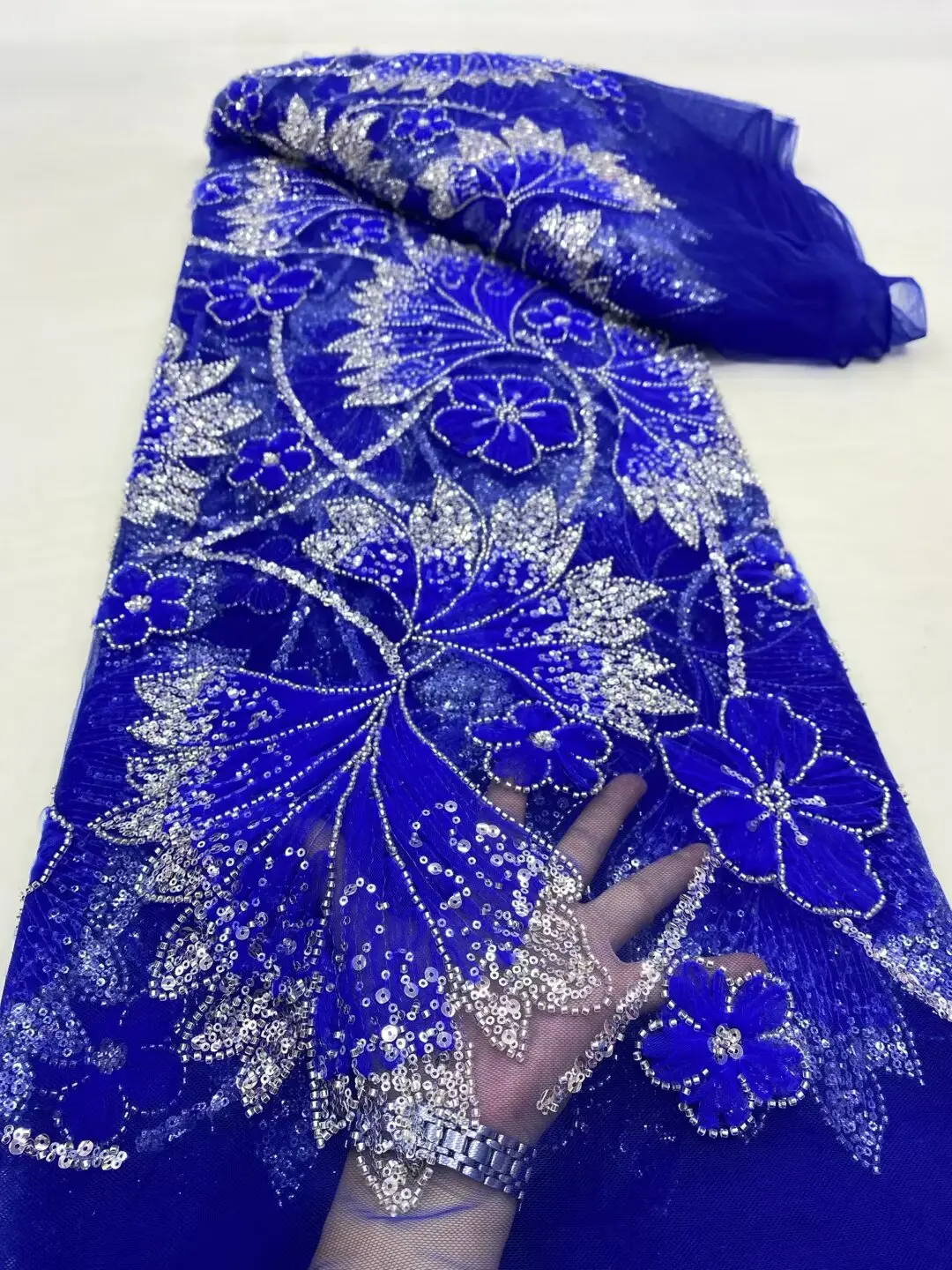 

(5yards/pc) High quality royal blue 3D French net lace tube beads sequins embroidered African party tulle lace fabric FDP135
