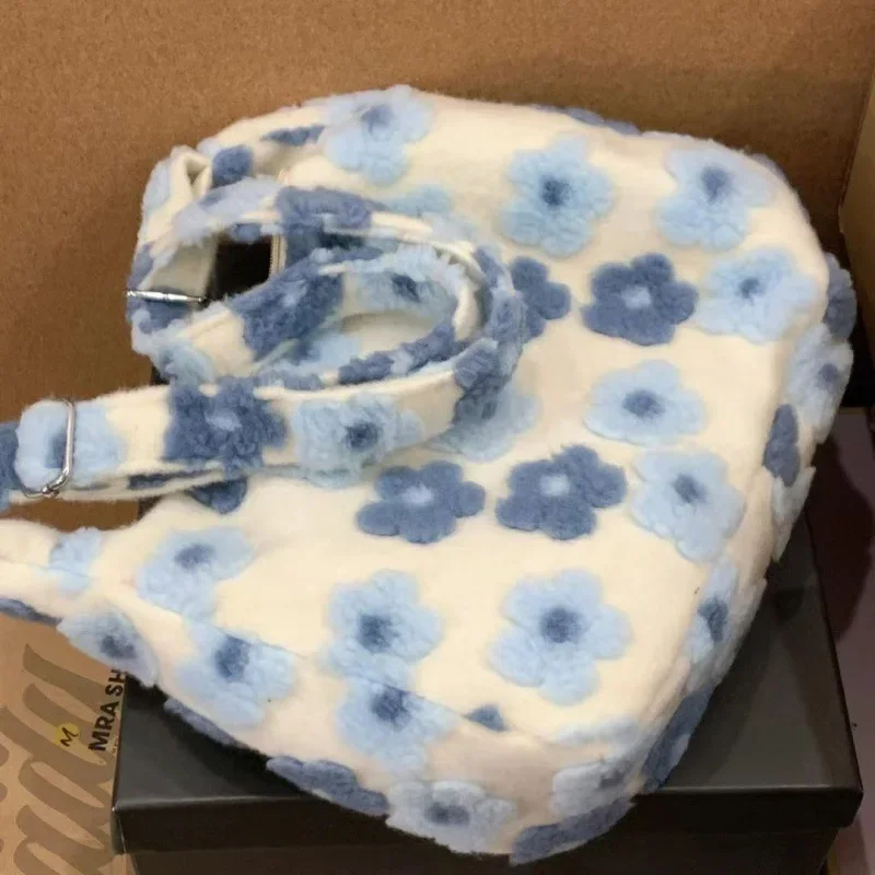 Xiuya Kawaii Large Capacity Plush Crossbody Bag Blue Flowers Soft Fashion Shoulder Bag Casual Youthful Cute Fall Winter Handbag