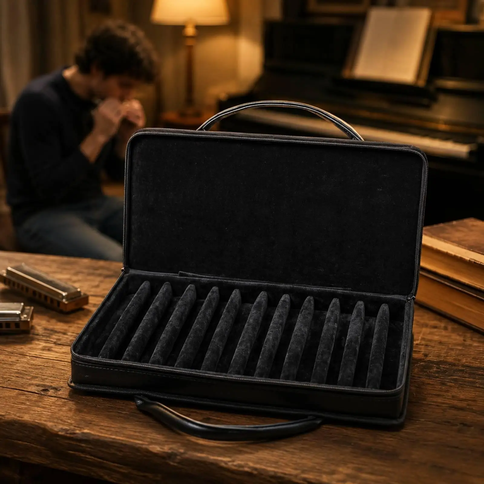 Harmonica Music Player Instrument Case with Cushioned Slots for 24 Hole Tremolo Harmonica Portable Storage for Performers