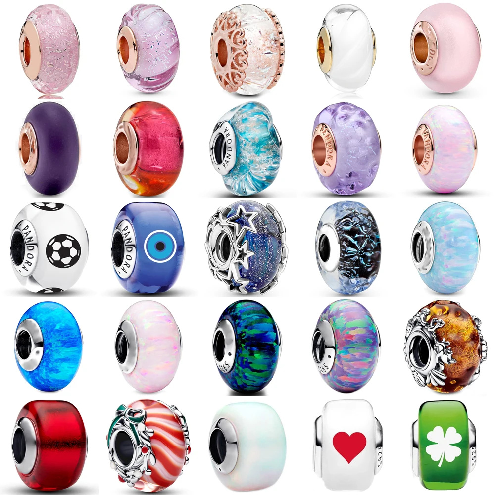 Potdemiel  Original Certified Pink Glass Bead Blue Romantic Beads Fit Bracelet Charms 925 Sterling Silver Women  Jewelry Making