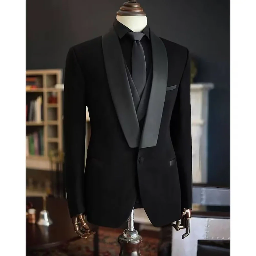 Men Suits High Quality Black 3 Piece Jacket Pants Vest Elegant Blazer Luxury Outfits Set Wedding Evening Party Costume Homme