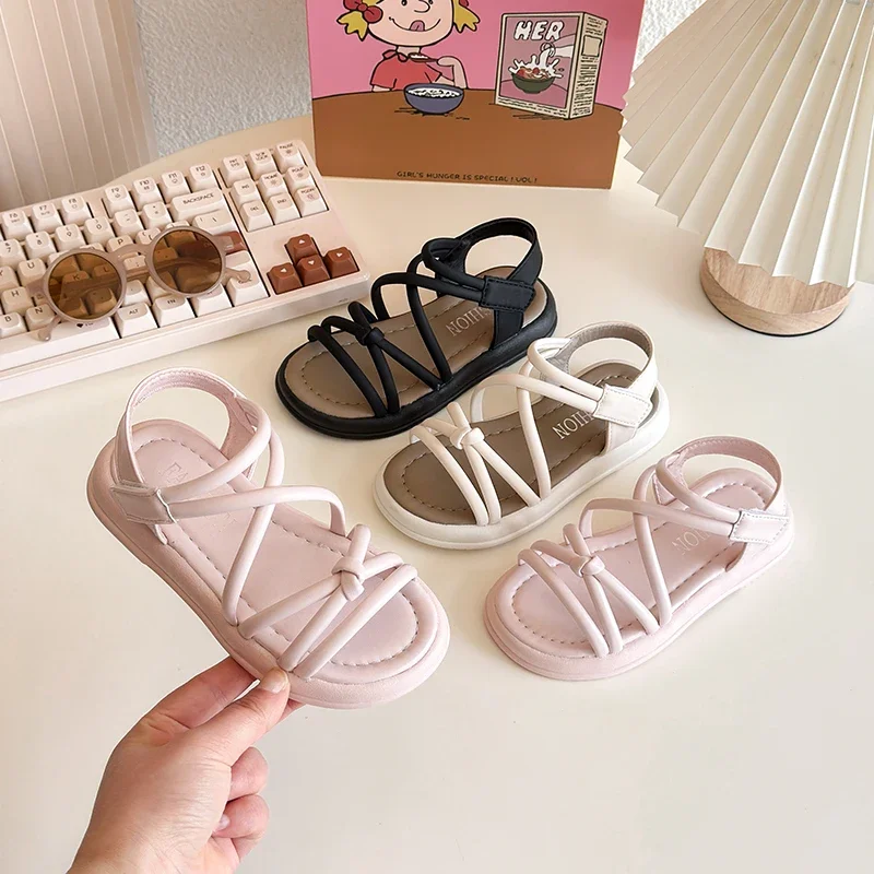 Girls Gladiator Summer Sandals with Knot Fashion Classic Princess Kids Beach Shoes 2025 Brand New Soft Flat Open Toes Anti-skid