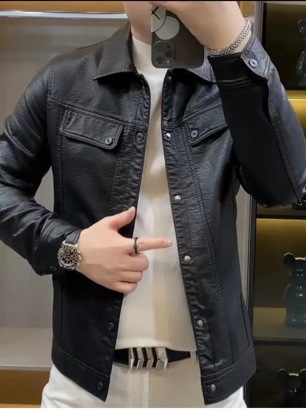 

New R80 Early Spring Men's Leather Jaet Casual High Quali Color Versatile Heavy Du Long Sve Zipper Closure