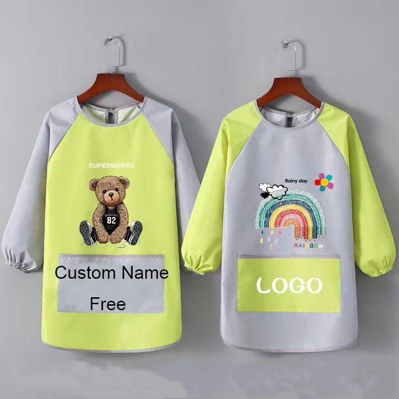 Personalized Custom Logo/Name Painting Drawing Bib Long Sleeved Waterproof Infant Eating Apron Children\'s Bandana Feeding Bib