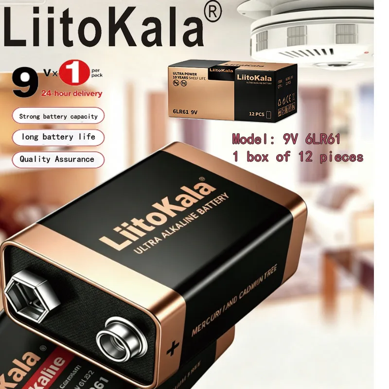 LiitoKala 9V alkaline dry battery 9V/square/6LR61 smoke alarm wireless microphone multimeter safety warning device