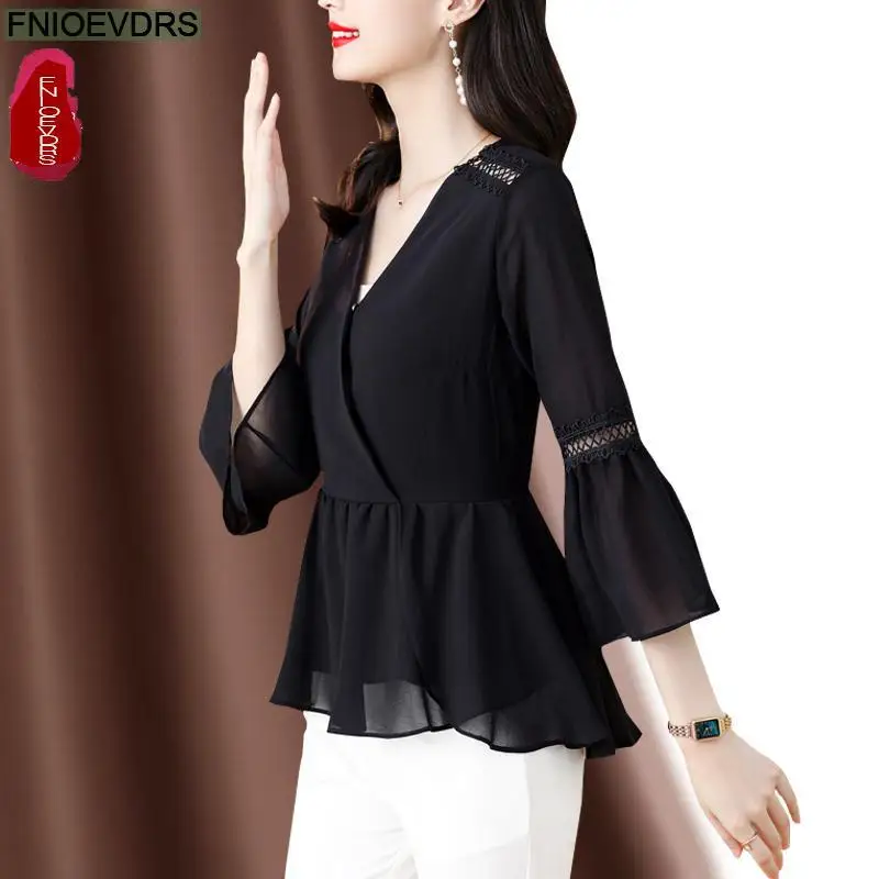 S-2XL 2023 Women Summer Elegant Office Lady Work Basic Shirt Casual Black Mesh Ruffles Tunic Peplum Tops Blouses