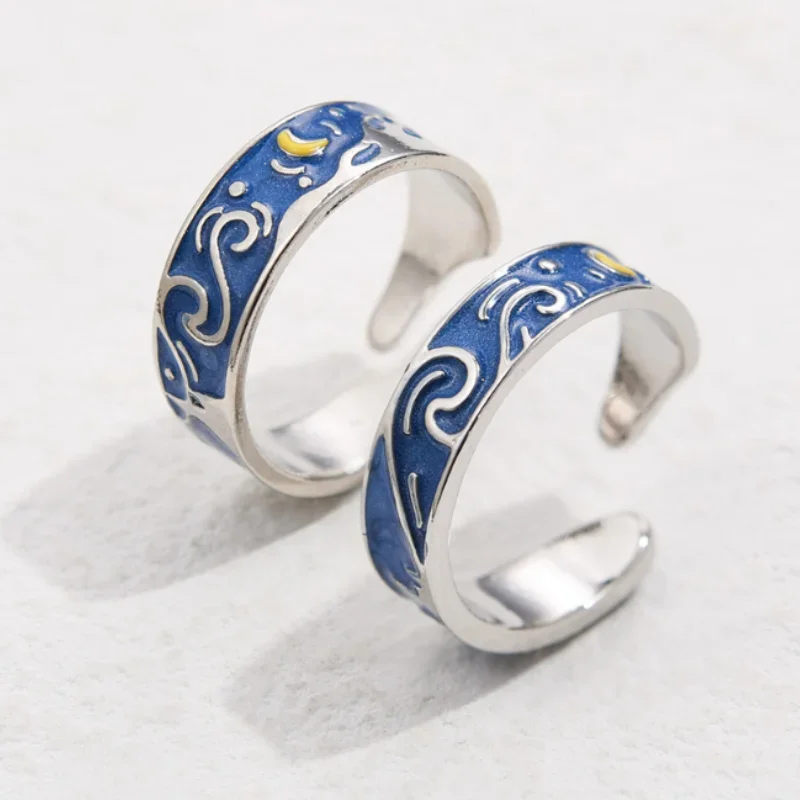 Couple Van Gogh Night Open Rings for Women Men Simple Design Silver Color Lovers Blue Starry Sky Ring Party Jewelry Gifts