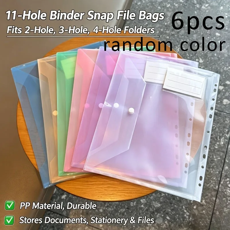 6pcs 11-Hole Snap File Bags, PP Durable Folder Pouches, Random Color, for Documents, Stationery, School & Office Binder Storage