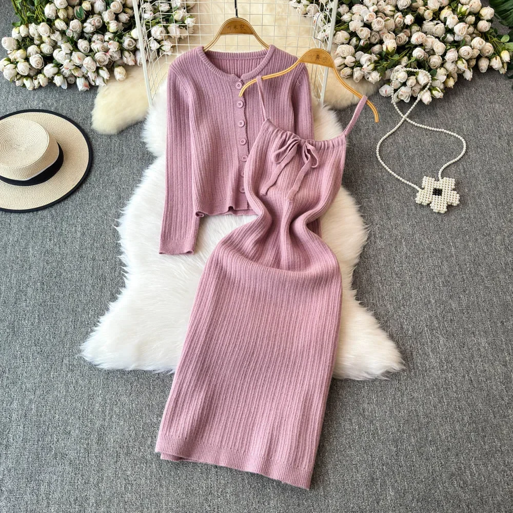 

Chic Women Two-Piece Sets O-neck Long Sleeve Single Breasted Top and Slim Lace-up Straps Dress Korean Fashion Winter Clothing