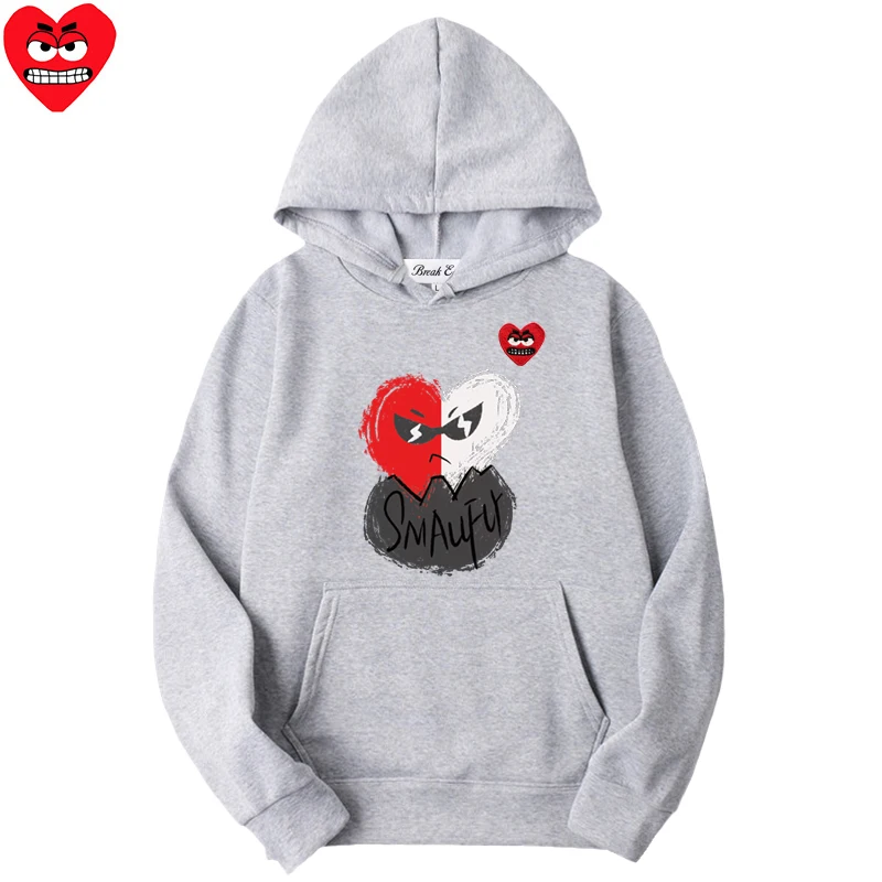 Two Tone Cracked Egg Printing Women Men Hoodie Polyester Cool Snag Heart Embroidery Pullover Pockets Thin Loose Autumn Sweater