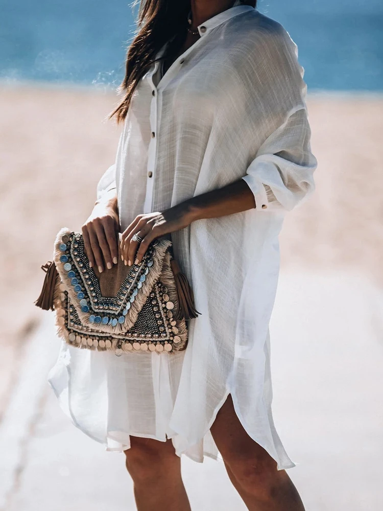 Einfarbiges, lässiges Langarmkleid für Damen, Damen-Badeanzug mit Sonnenschutz-Strandrock, erhältlich in mehreren Farben