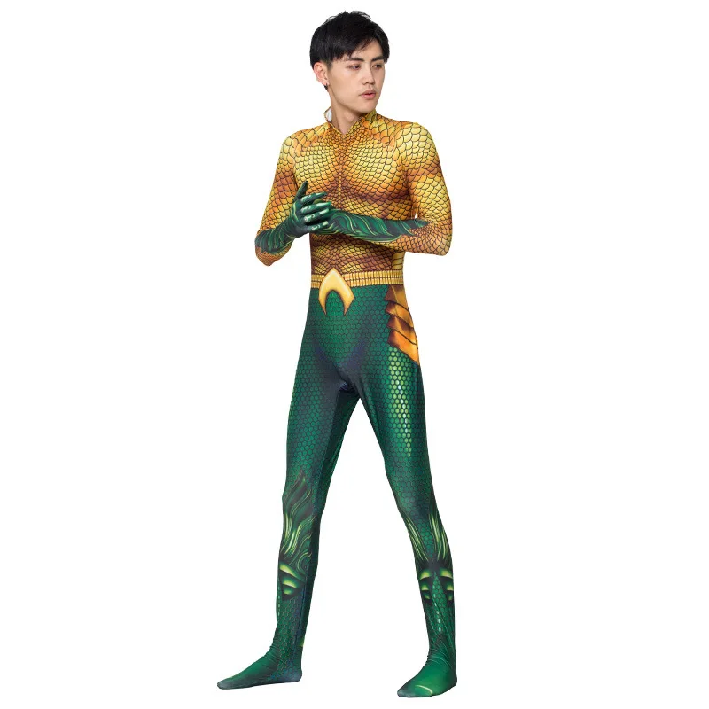 大人子供映画アクアマンコスプレ衣装スーパーヒーローアーサーカリーオリン全身タイツスーツスーツジャンプスーツハロウィンパーティードレスアップ