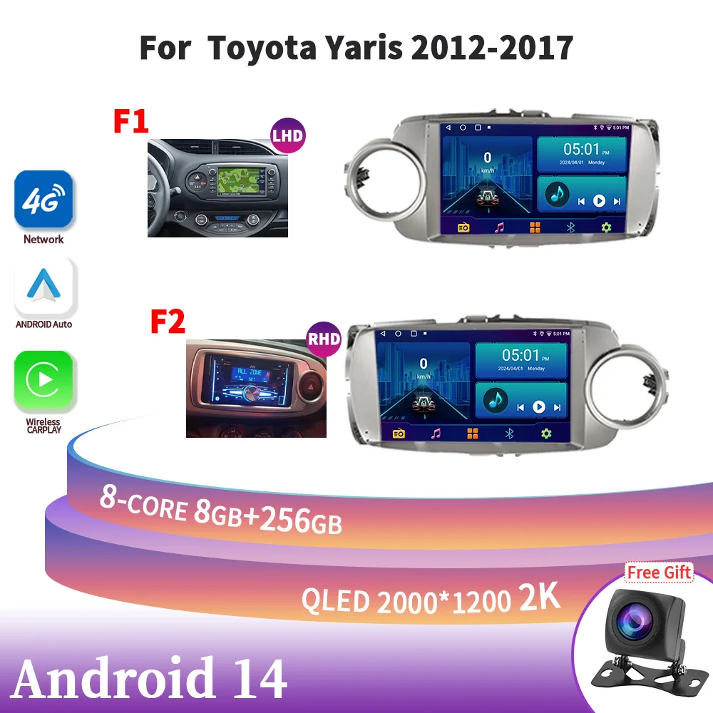 

For Toyota Yaris 2012-2017 LHD RHD Auto Radio Multimedia Navigation 4G GPS Android 14 Wireless Carplay Stereo 2DIN Screen