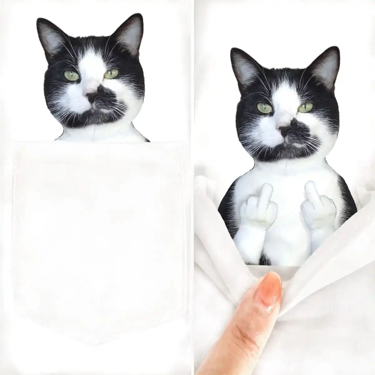 HX Animals T-Shirts Fashion Brand Manx Cat Double Middle Finger Pocket T-Shirt Mens Women Shirts Hip Hop Tops Funny Cotton Tees