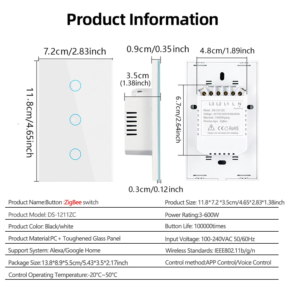 Смарт-переключатель ZigBeeTuya, американский, бразильский, без нейтрального провода, без конденсатора, Smart Life, 2/3 клавиши, работа с Alexa Google Home