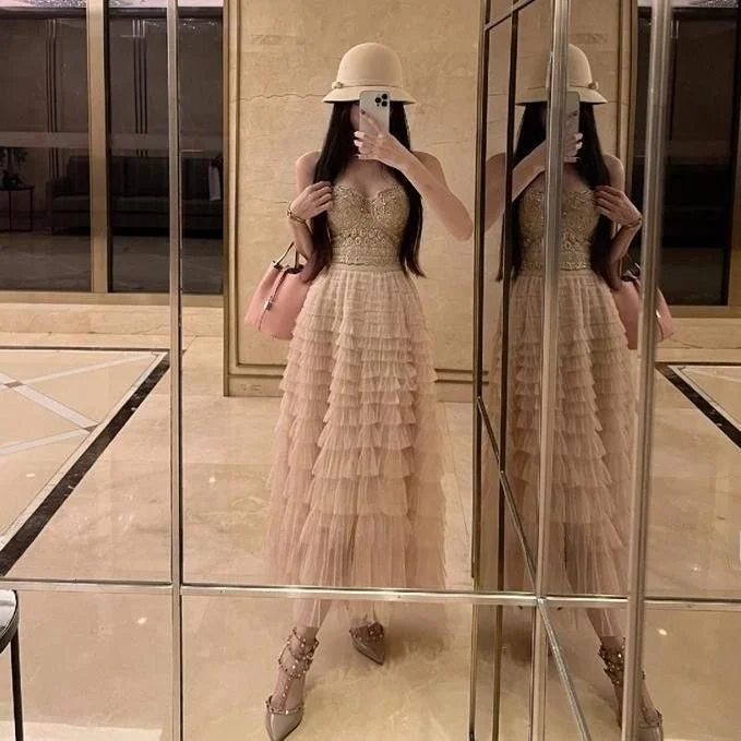 

Ele Spring New Sle Женская юбка Cake Sle f-length Плиссированная длинная Dr Thousand Layer Me Gauze Small Fraance Sle