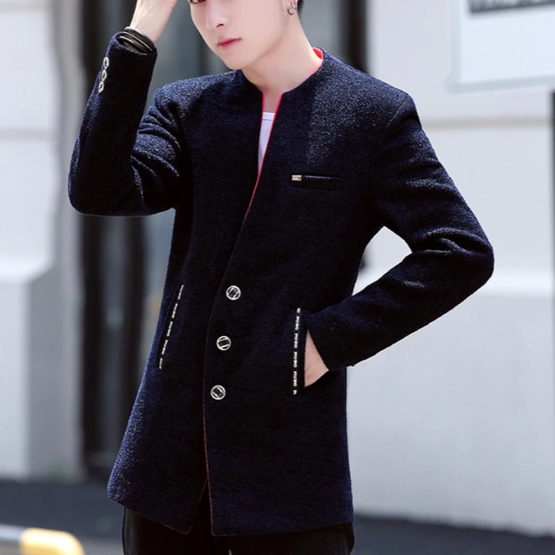 Męska kurtka wełniana średniej długości na zimę 2025, gruba, ocieplana aksamitem, ciepła, codzienna wiatrówka, modna męska kurtka biznesowa, elegancka, dopasowana kurtka wełniana.
