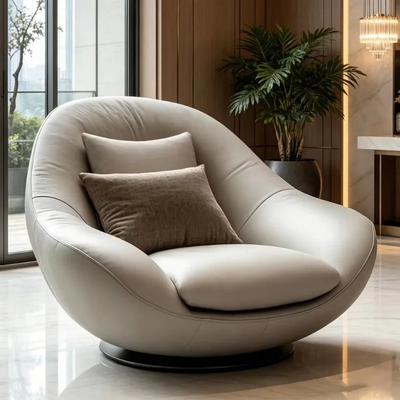 Rotating base round egg-shaped leisure armchair, light gray wood frame, double decorative pillows, wraparound single seat