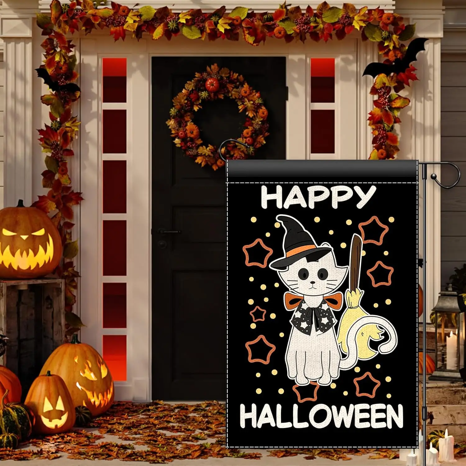 White Cat Halloween Garden Flag 12x18 Double Sided, Witch Hat Small Burlap Garden Flags Outdoor Decor, Cute Kitten Fall Holi UUX