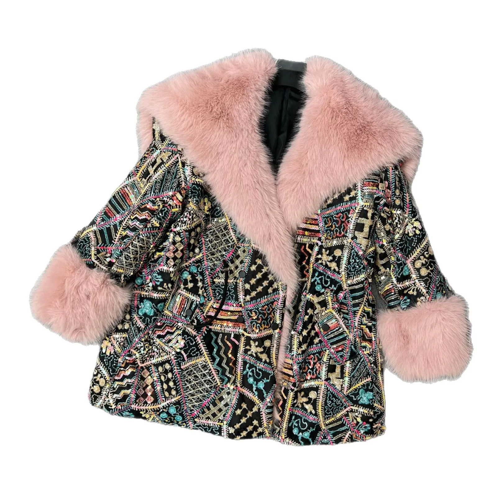 Winter New Fashion Heavy Sequin Imitation Fox Fur Collar Elegant Loose Warm Jacket Women Faux Fur Coat Fluffy Jacket