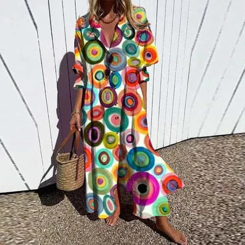 Summer Puff Short Sleeve A-Line Boho Dress Women Retro Geometry Circle Print Long Dress Spring Single Breasted Lapel Shirt Dress