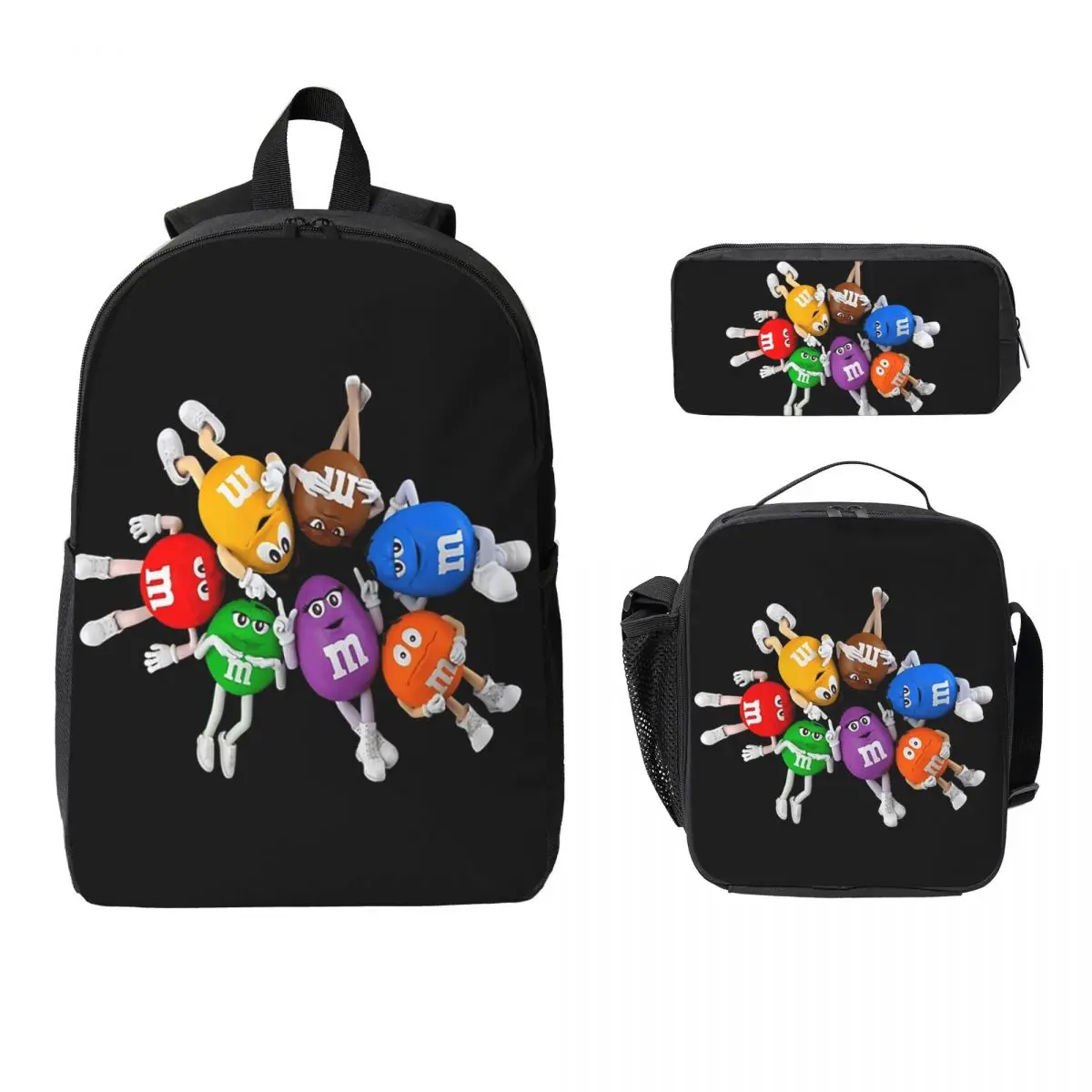 

M And M Character Baby Backpack Student Boys Girls BookBag School Bag Computer Shoulder Bags 3ps Insulated Lunch Bag Pencil Case